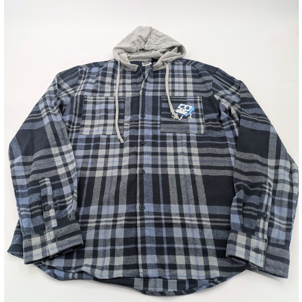 Spongebob Hooded Flannel Mens L Button Down Shirt Friends Forever Skeleton‎ Blue